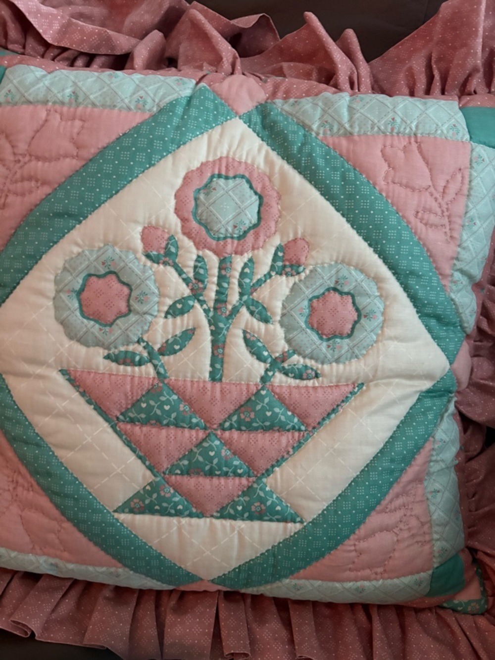 Vintage Quilted Throw Pillows | Set of 2 | Floral Basket & Wreath Appliqué - Picture 3 of 8